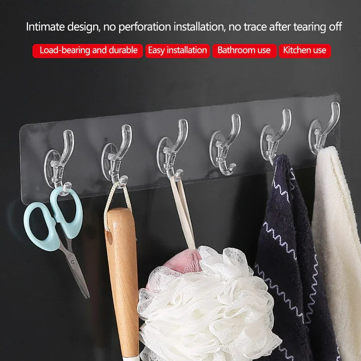6 Row Transparent Wall Hook Strong Self Adhesive Door Wall Hangers for Kitchen Bathroom