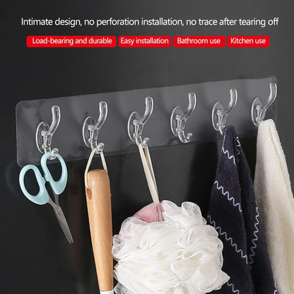6 Row Transparent Wall Hook Strong Self Adhesive Door Wall Hangers for Kitchen Bathroom