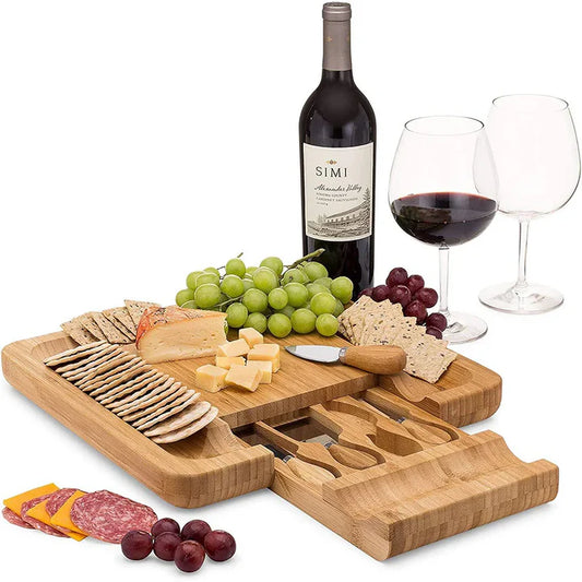 Bamboo Squared Board Wooden Serving Tray with Cutlery in Slide-Out Drawer